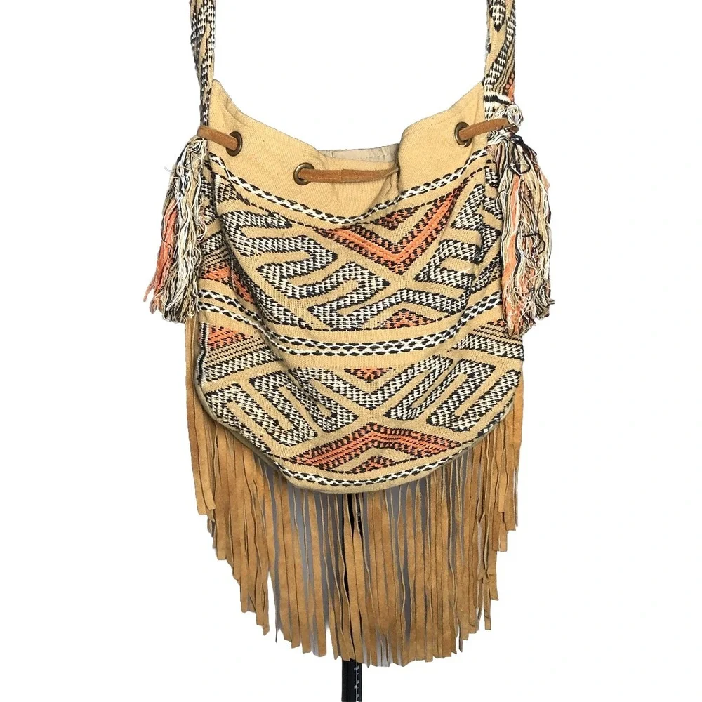 Vtg Y2K Boho Crossbody Bag Fringe Woven Festival Coachella Tribal a+p Denim - Picture 3 of 16